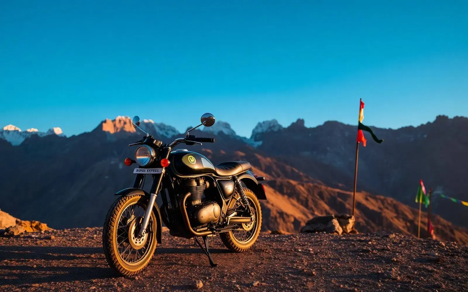 Royal Enfield parked in front of the Himalayas at dusk